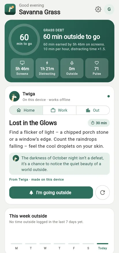 Savanna Grass home screen: 60 minutes of grass debt and a quest from Twiga